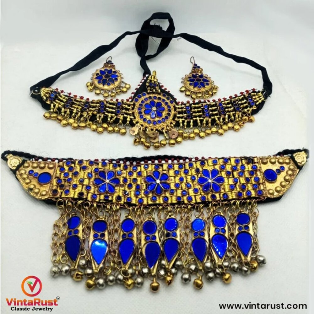 Golden Tone Afghan Jewelry Set: Handmade Tribal Necklace, Head Piece, Earrings - Picture 4 of 8